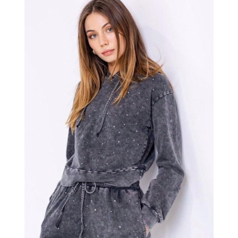 Le Lis NWT Black Starlight Acid Wash Rhinestone Hoodie Size S